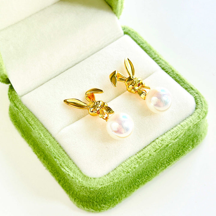 Golden Bunny Pearl Drop Earrings