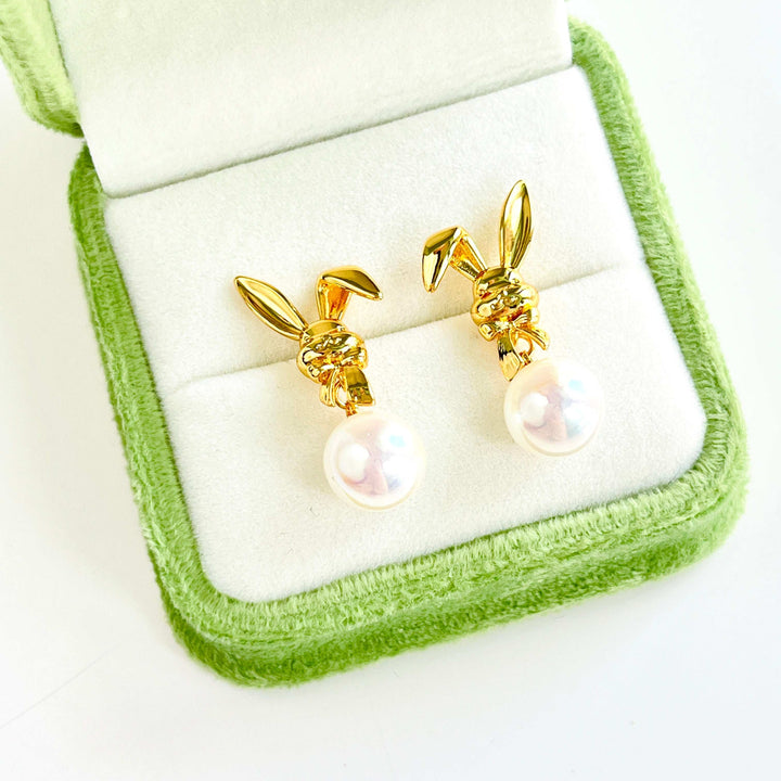 Golden Bunny Pearl Drop Earrings