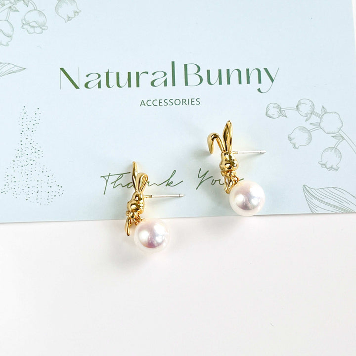 Golden Bunny Pearl Drop Earrings