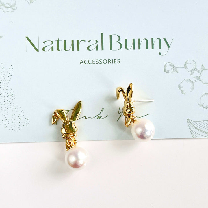 Golden Bunny Pearl Drop Earrings