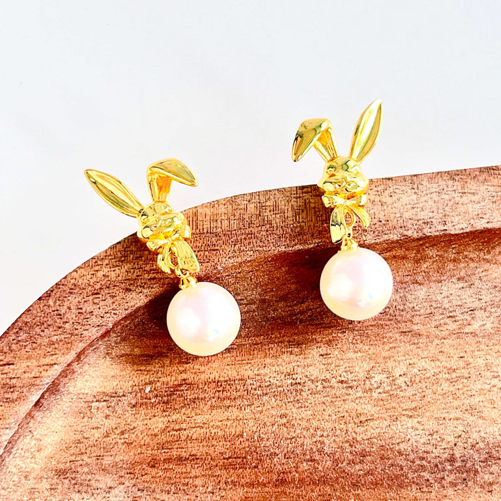 Golden Bunny Pearl Drop Earrings