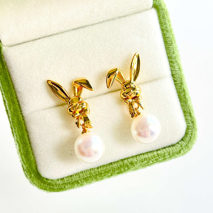 Golden Bunny Pearl Drop Earrings