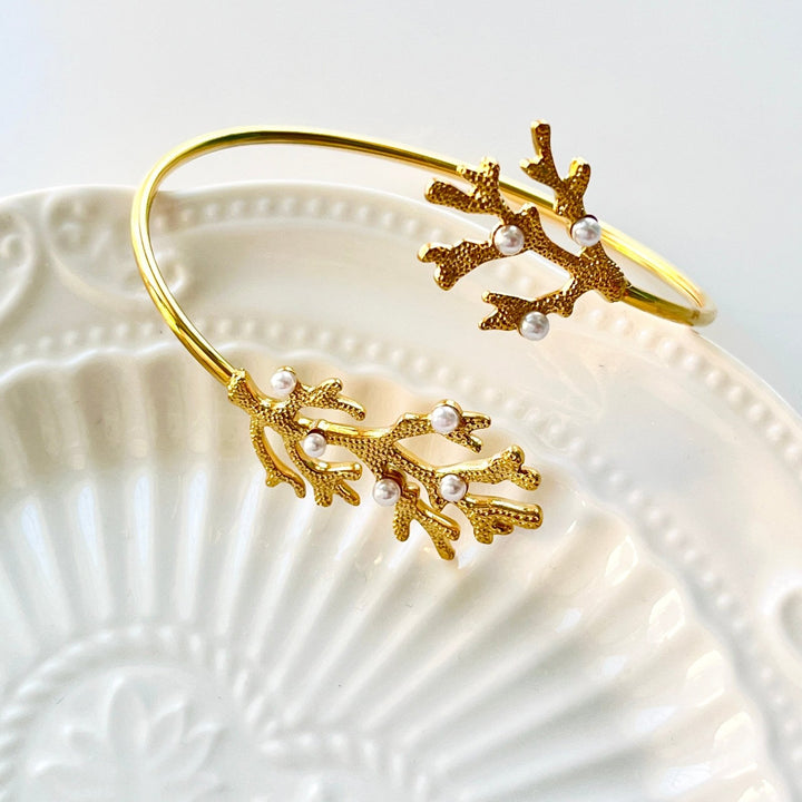 Golden Coral Open Cuff Bangle Bracelet - Natural Bunny Accessories