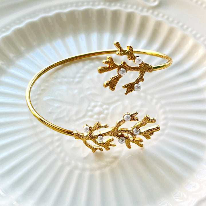 Golden Coral Open Cuff Bangle Bracelet - Natural Bunny Accessories