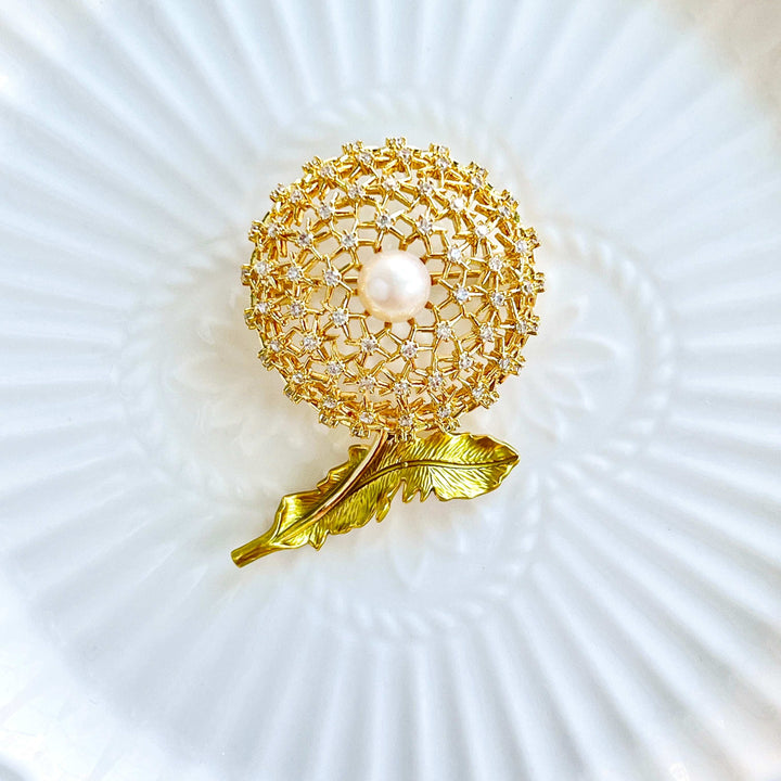 Golden Dandelion Pearl Brooch