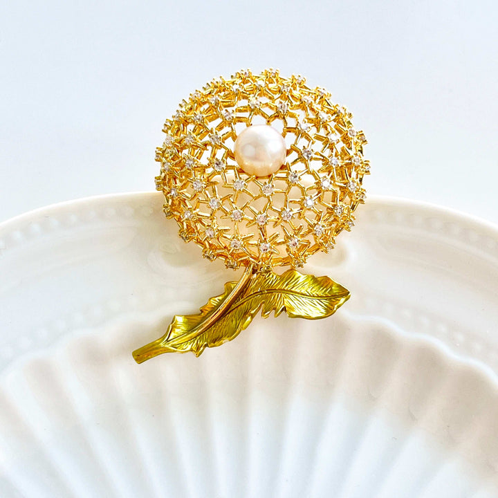 Golden Dandelion Pearl Brooch