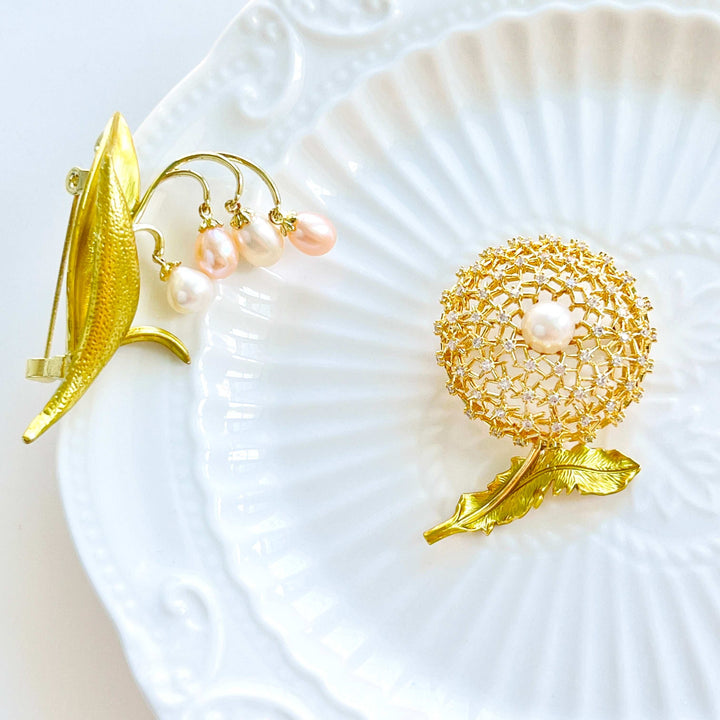 Golden Dandelion Pearl Brooch