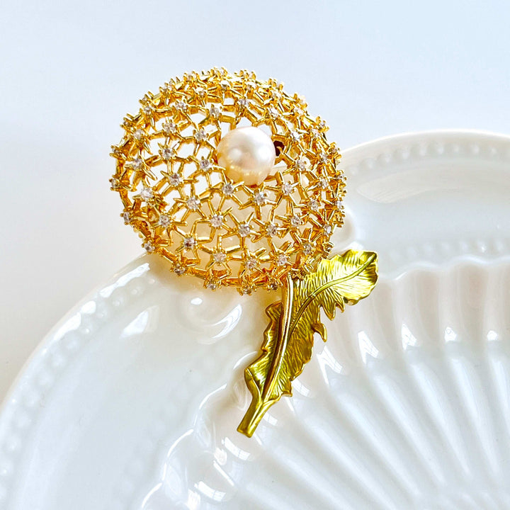 Golden Dandelion Pearl Brooch