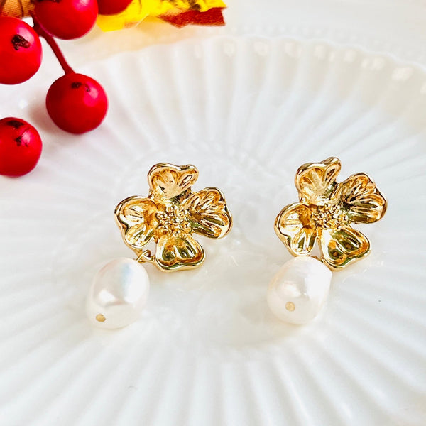 Golden Flower Pearl Dangle Earrings - Natural Bunny Accessories