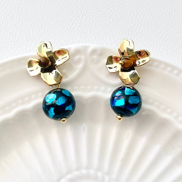 Golden Flower With Dreamy Blue Ball Drop Earrings - Natural Bunny Accessories