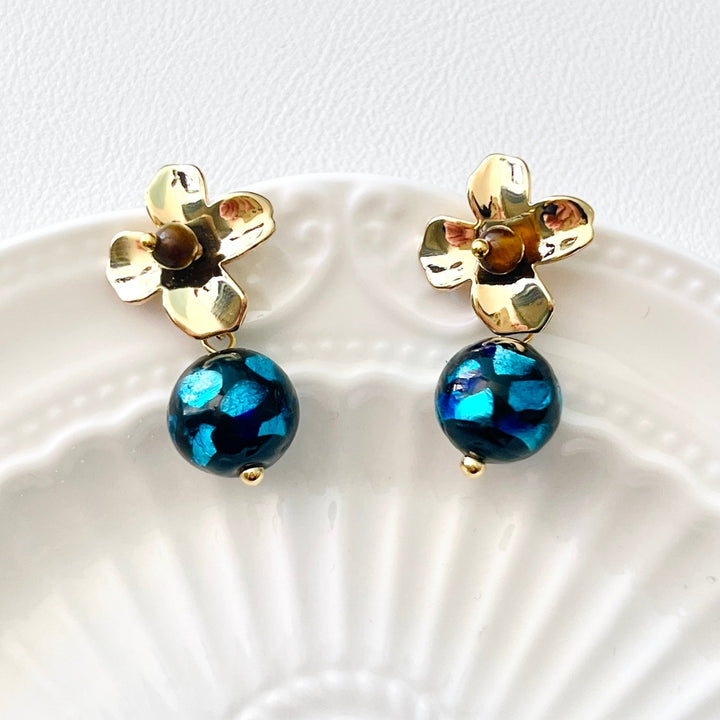 Golden Flower With Dreamy Blue Ball Drop Earrings - Natural Bunny Accessories