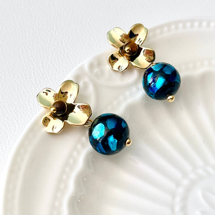 Golden Flower With Dreamy Blue Ball Drop Earrings - Natural Bunny Accessories