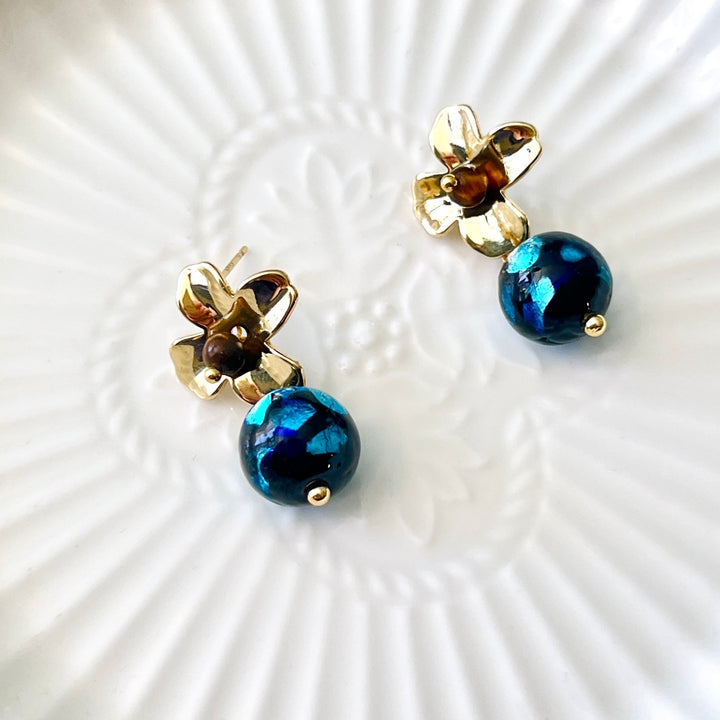 Golden Flower With Dreamy Blue Ball Drop Earrings - Natural Bunny Accessories