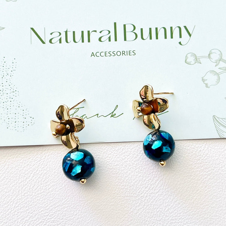 Golden Flower With Dreamy Blue Ball Drop Earrings - Natural Bunny Accessories
