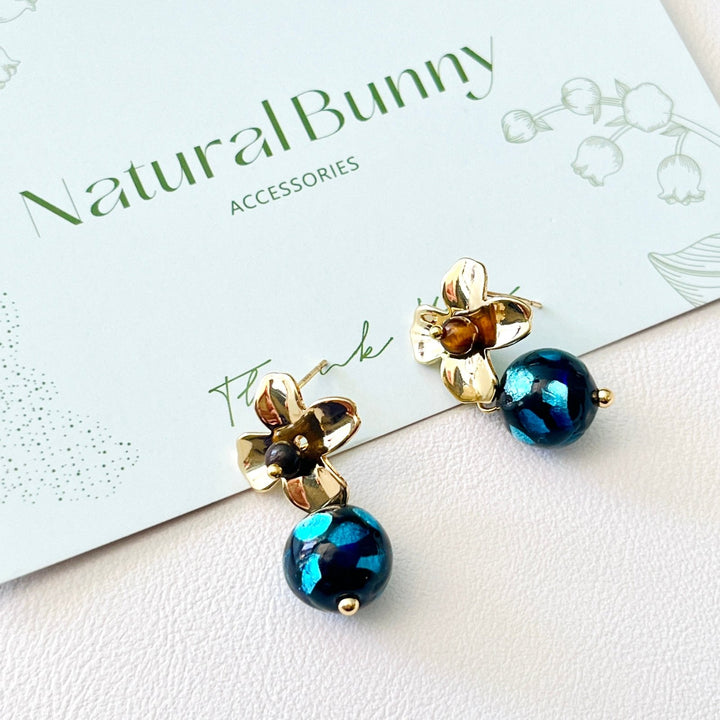 Golden Flower With Dreamy Blue Ball Drop Earrings - Natural Bunny Accessories