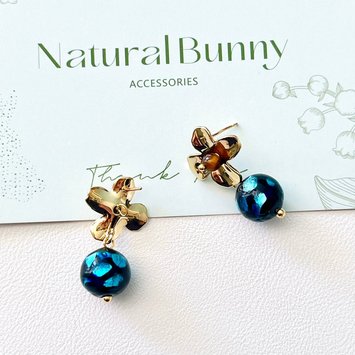 Golden Flower With Dreamy Blue Ball Drop Earrings - Natural Bunny Accessories