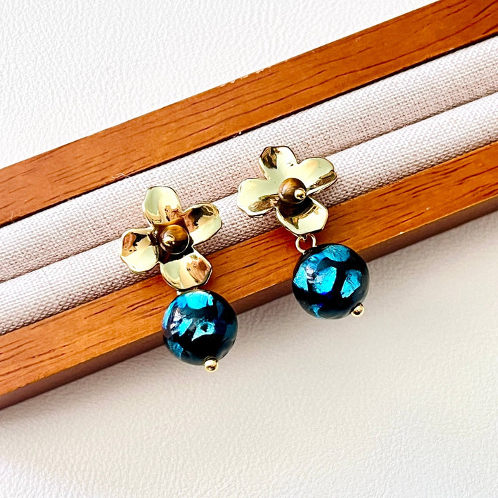 Golden Flower With Dreamy Blue Ball Drop Earrings - Natural Bunny Accessories