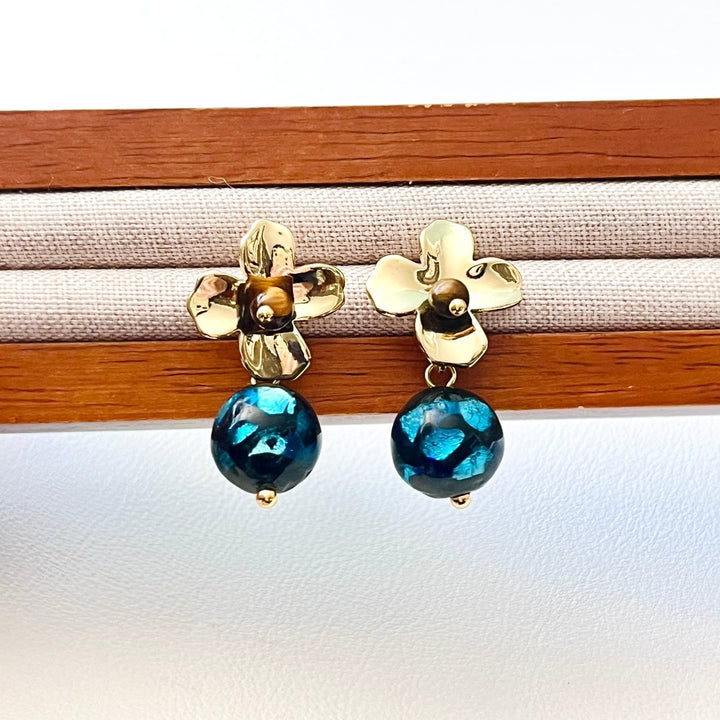 Golden Flower With Dreamy Blue Ball Drop Earrings - Natural Bunny Accessories