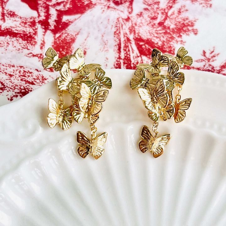 Golden Flying Butterflies Drop Earrings