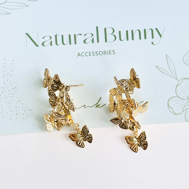 Golden Flying Butterflies Drop Earrings