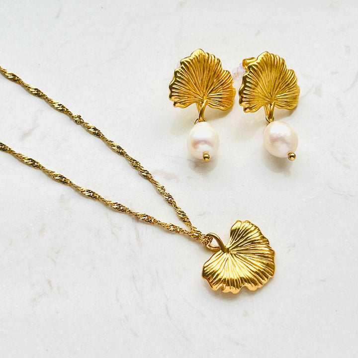 Golden Ginkgo Leaf Necklace and Freshwater Pearl Drop Earrings Set