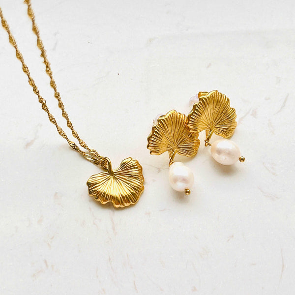 Golden Ginkgo Leaf Necklace and Freshwater Pearl Drop Earrings Set