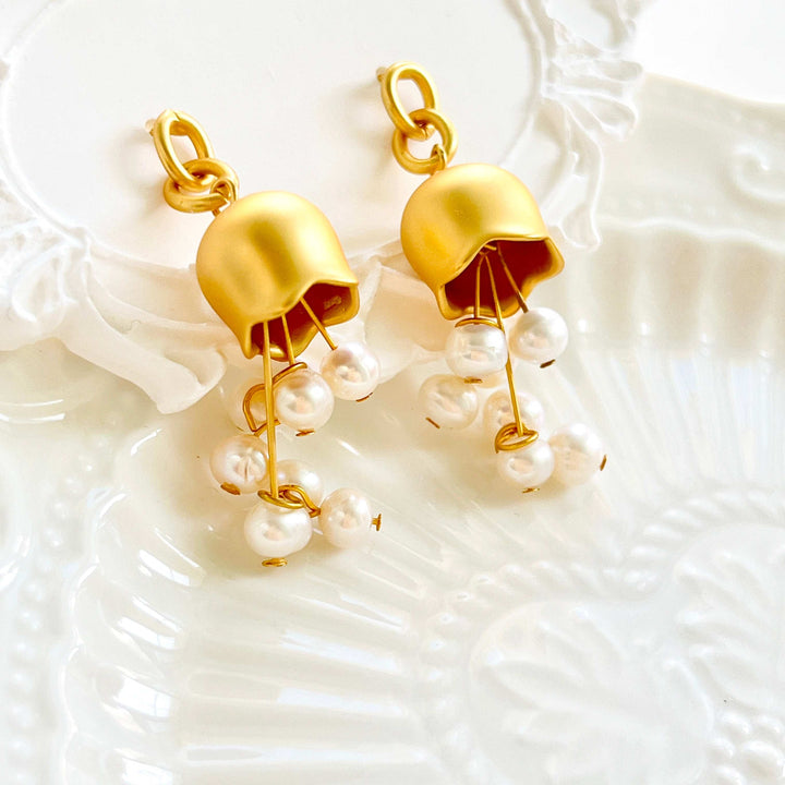 Golden Lily Of The Valley Pearl Tassel Earrings
