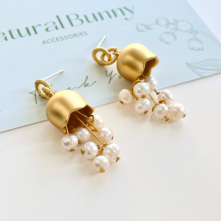 Golden Lily Of The Valley Pearl Tassel Earrings