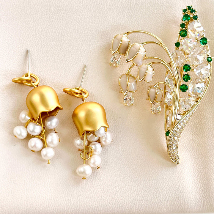 Golden Lily Of The Valley Pearl Tassel Earrings