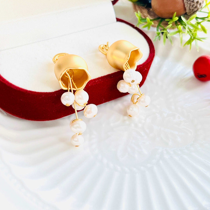 Golden Lily Of The Valley Pearl Tassel Earrings