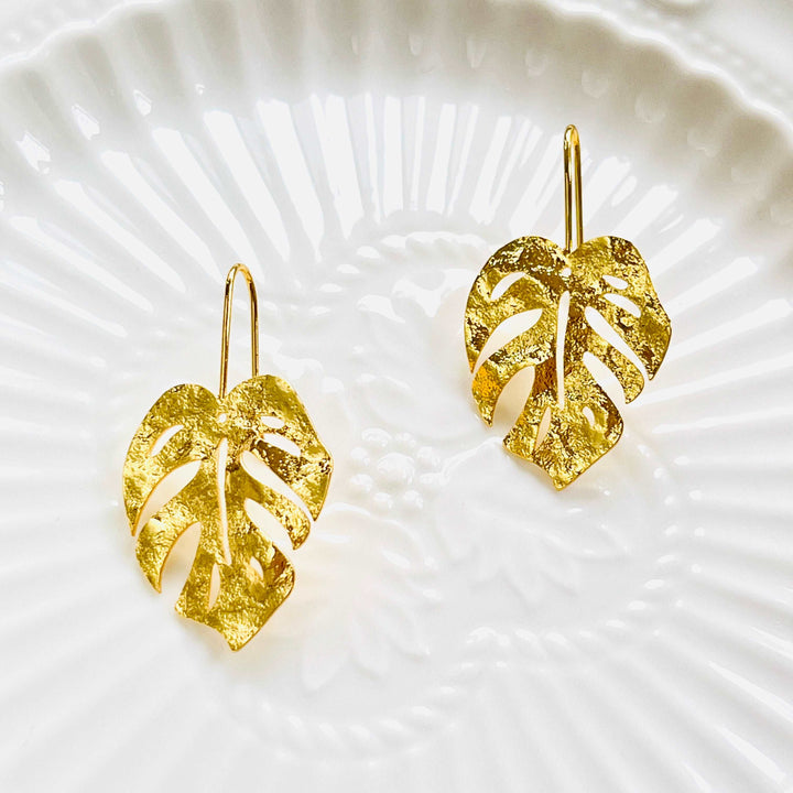Golden Monstera Leaf Earrings