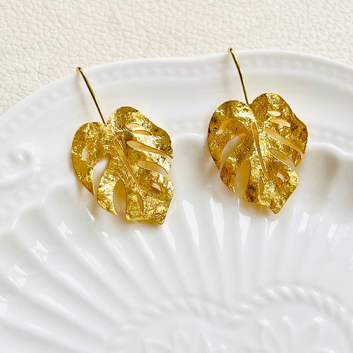 Golden Monstera Leaf Earrings