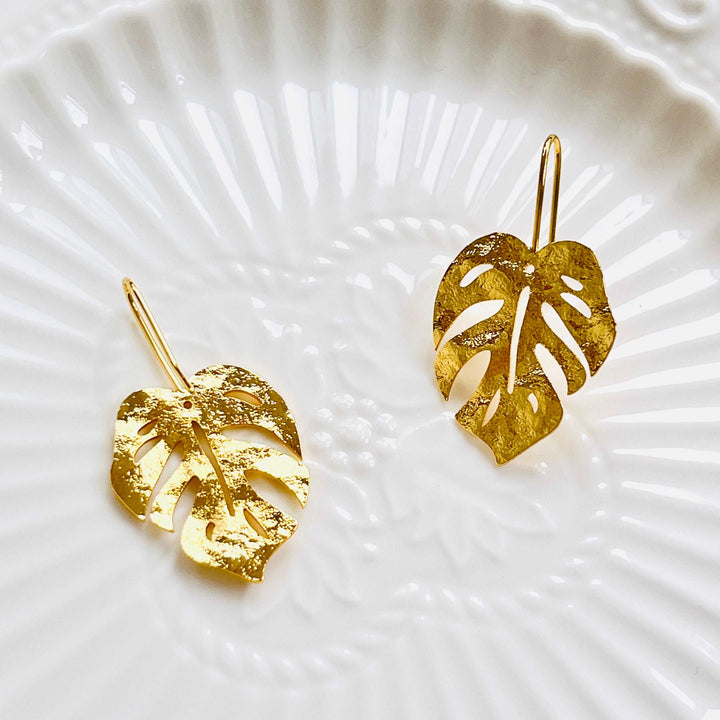 Golden Monstera Leaf Earrings