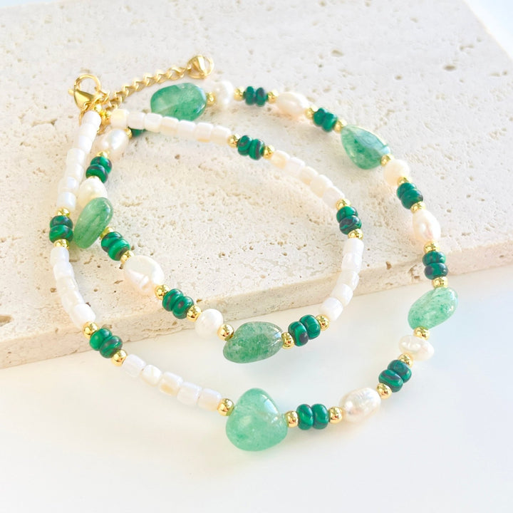 Green Agate Pearl Beaded Necklace / Bracelet - Natural Bunny Accessories