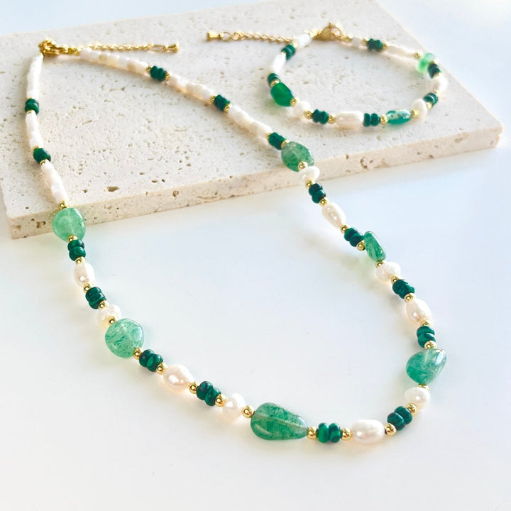 Green Agate Pearl Beaded Necklace / Bracelet - Natural Bunny Accessories