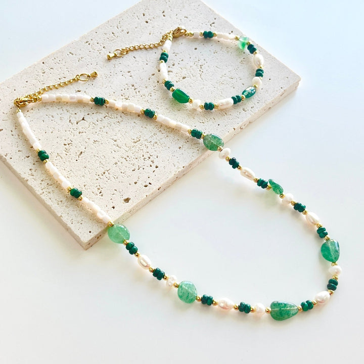 Green Agate Pearl Beaded Necklace / Bracelet - Natural Bunny Accessories