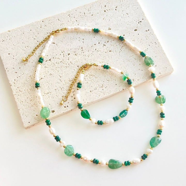 Green Agate Pearl Beaded Necklace / Bracelet - Natural Bunny Accessories