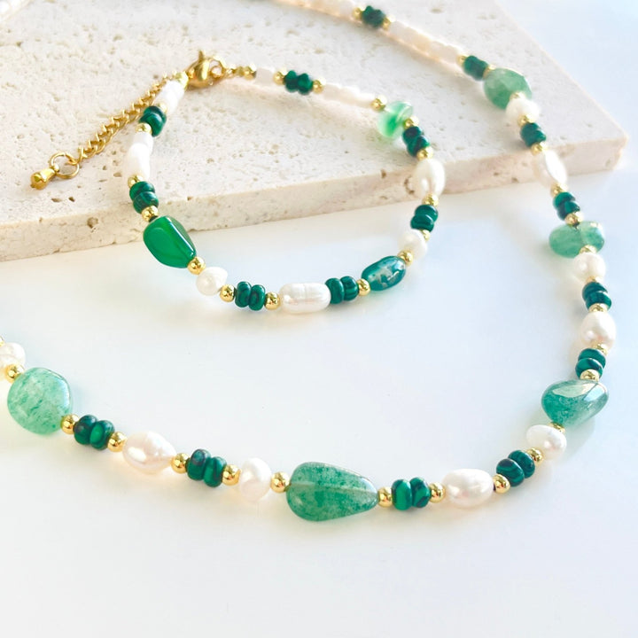 Green Agate Pearl Beaded Necklace / Bracelet - Natural Bunny Accessories