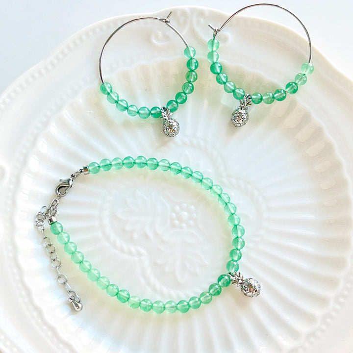 Green Aventurine Stone Pineapple Charm Hoop Earrings - Natural Bunny Accessories