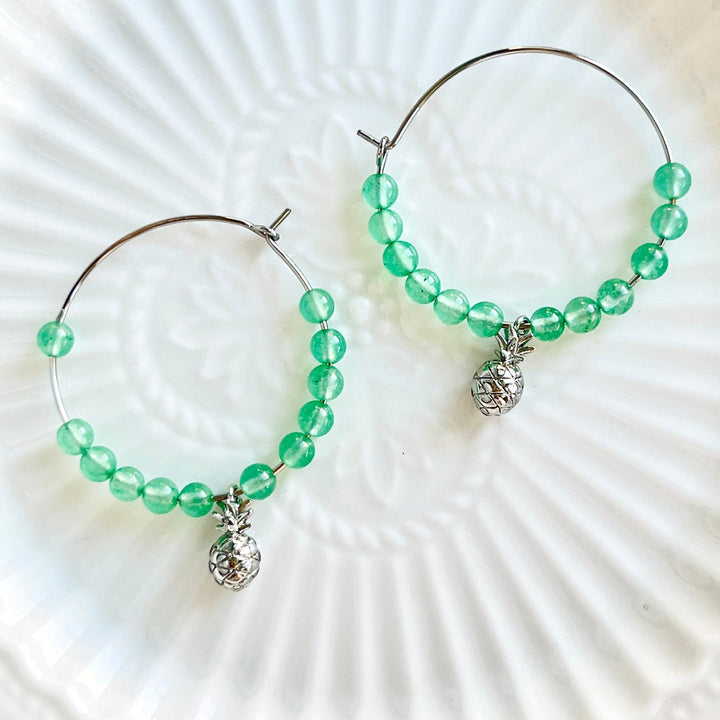 Green Aventurine Stone Pineapple Charm Hoop Earrings - Natural Bunny Accessories