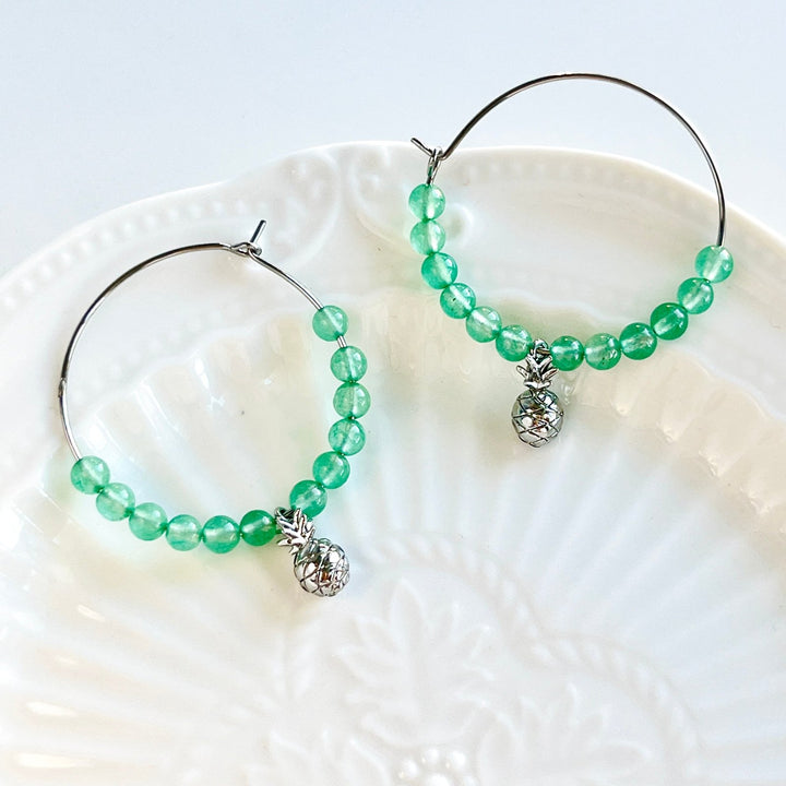 Green Aventurine Stone Pineapple Charm Hoop Earrings - Natural Bunny Accessories