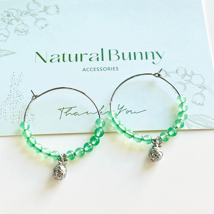 Green Aventurine Stone Pineapple Charm Hoop Earrings - Natural Bunny Accessories