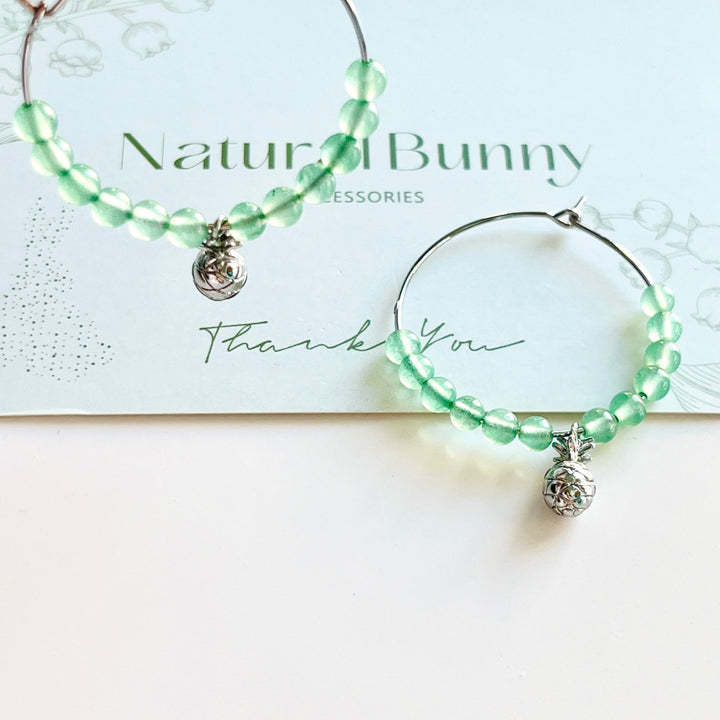 Green Aventurine Stone Pineapple Charm Hoop Earrings - Natural Bunny Accessories