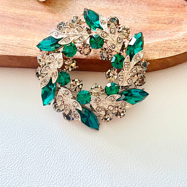 Green Crystal Wreath Brooch