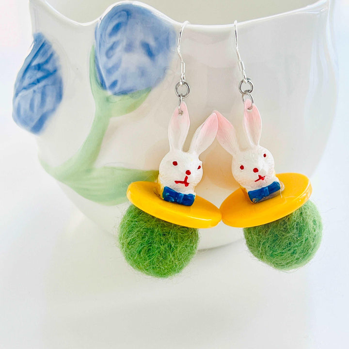 Rabbit With Wool Felt Ball Hook Earrings