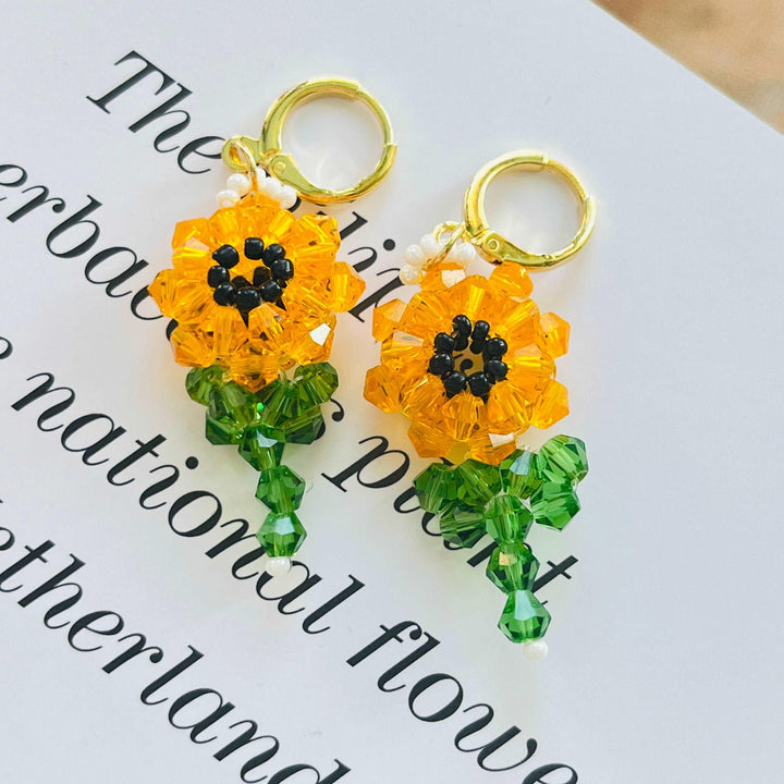 Beaded Sunflower Dangle Earrings / Clip-On Earrings