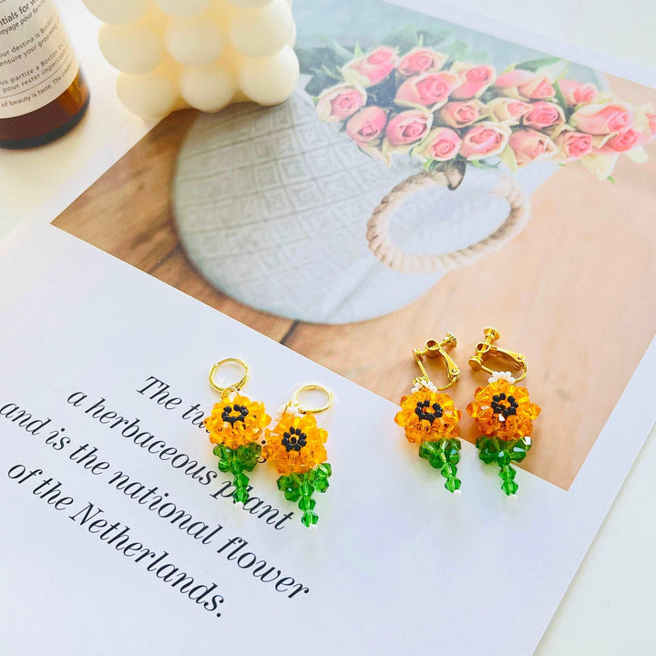 Beaded Sunflower Dangle Earrings / Clip-On Earrings