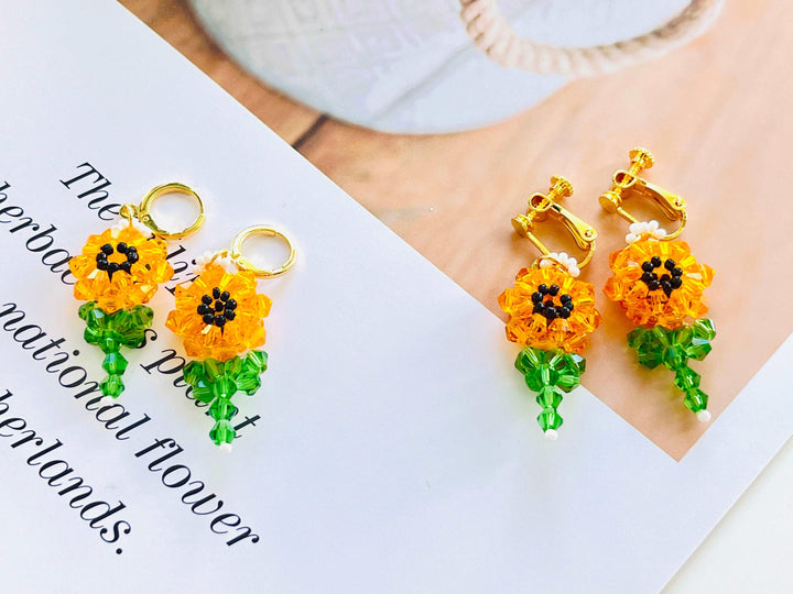 Beaded Sunflower Dangle Earrings / Clip-On Earrings