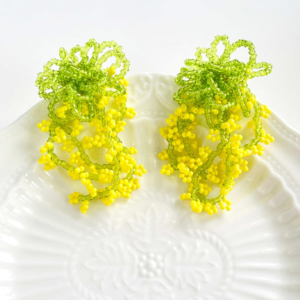 Handmade Yellow Rapeseed Blossom Beaded Earrings