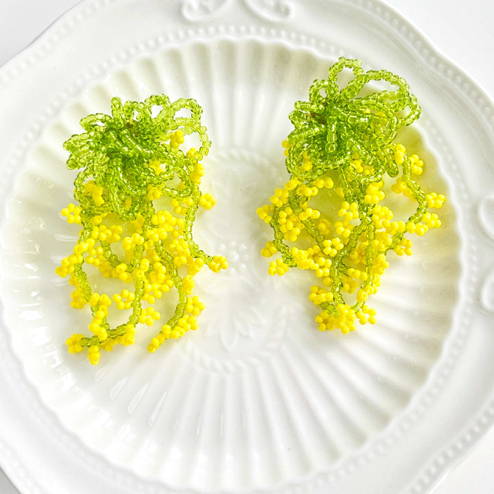 Handmade Yellow Rapeseed Blossom Beaded Earrings
